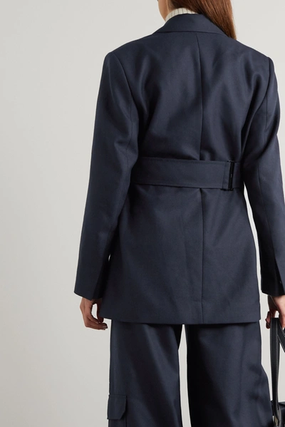 Shop Ganni Belted Wrap-effect Wool-blend Blazer In Navy
