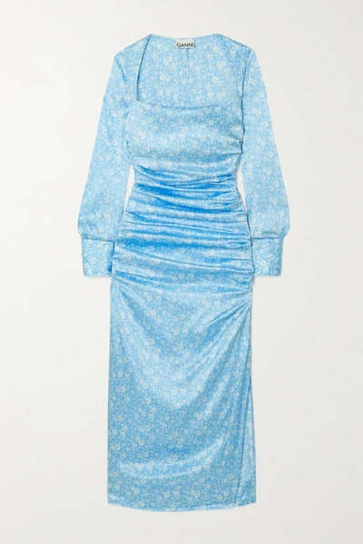 Shop Ganni Ruched Floral-print Stretch Silk-satin Midi Dress In Blue