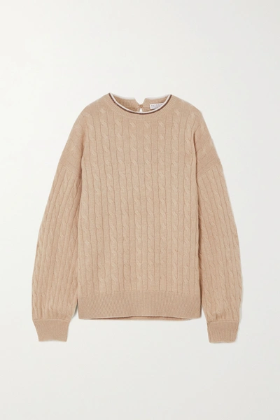 Shop Brunello Cucinelli Bead-embellished Cable-knit Cashmere Sweater In Beige