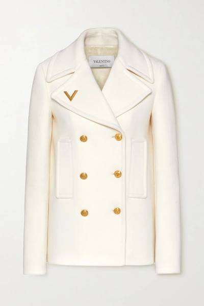 Shop Valentino Embellished Double-breasted Wool Coat In Ivory