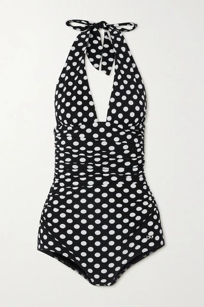 Shop Dolce & Gabbana Ruched Polka-dot Halterneck Swimsuit In Black