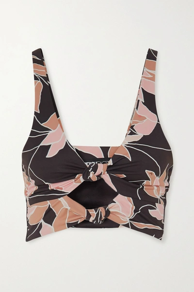 Shop Beach Riot Bowie Knotted Cutout Floral-print Stretch Sports Bra In Black