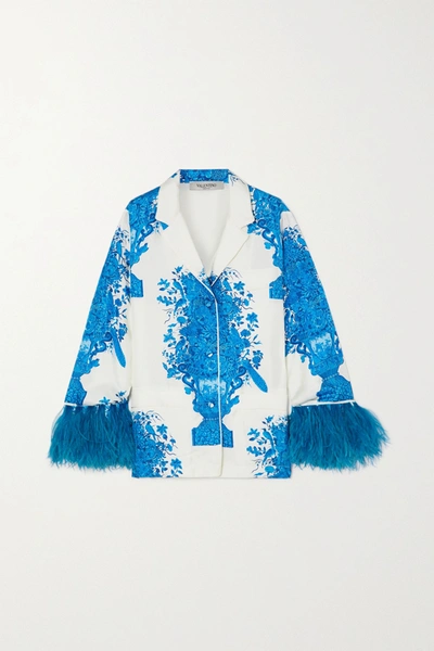 Shop Valentino Feather-trimmed Printed Silk-twill Shirt In White