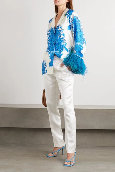 Shop Valentino Feather-trimmed Printed Silk-twill Shirt In White