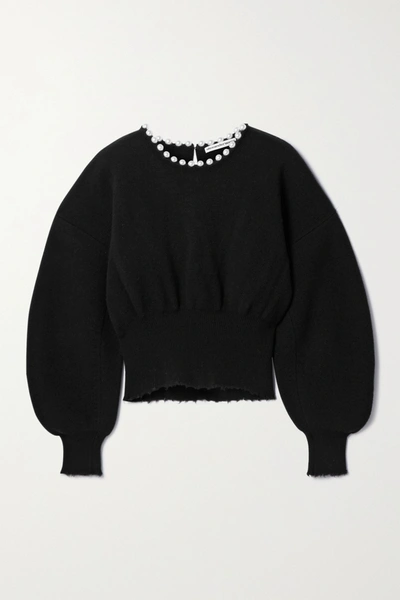 Shop Alexander Wang Faux Pearl-embellished Distressed Wool-blend Sweater In Black