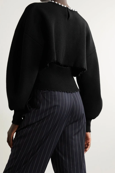 Shop Alexander Wang Faux Pearl-embellished Distressed Wool-blend Sweater In Black