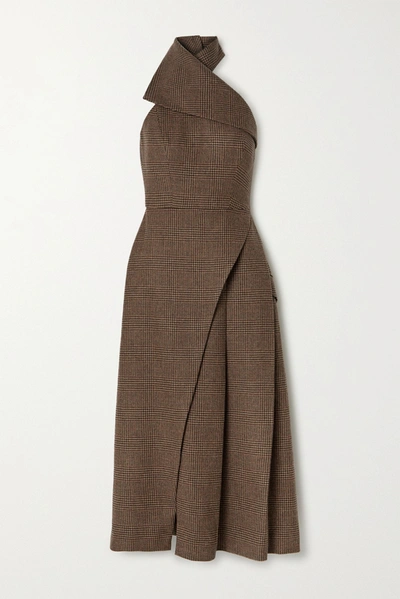 Shop Brandon Maxwell Draped Checked Wool Halterneck Midi Dress In Brown