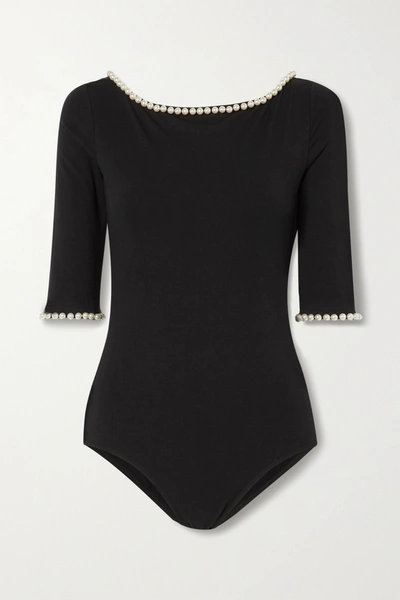 Shop The Marc Jacobs + Capezio Faux Pearl-embellished Stretch-cotton Jersey Bodysuit In Black