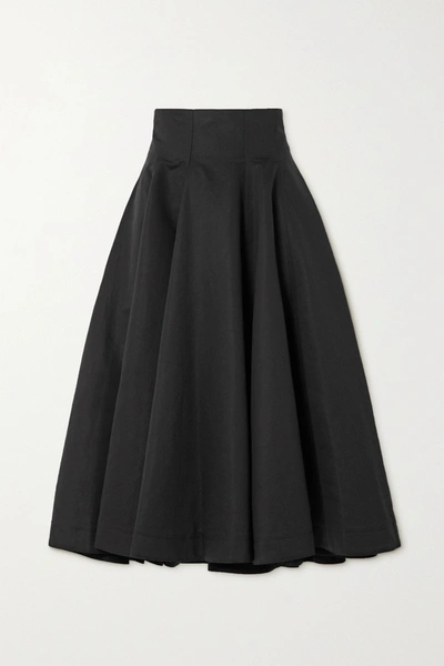 Shop Loewe Pleated Linen And Cotton-blend Midi Skirt In Black