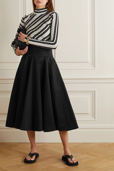 Shop Loewe Pleated Linen And Cotton-blend Midi Skirt In Black