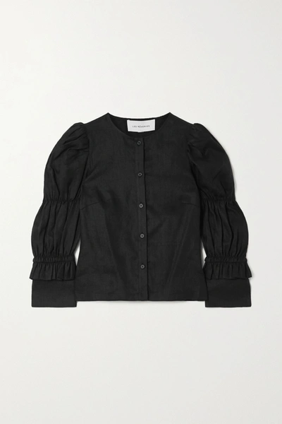 Shop Les Rêveries Elizabeth Ruched Ruffled Linen Shirt In Black