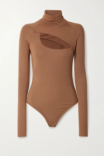 Shop Alix Nyc Carder Cutout Ribbed Stretch-modal Jersey Thong Bodysuit In Light Brown