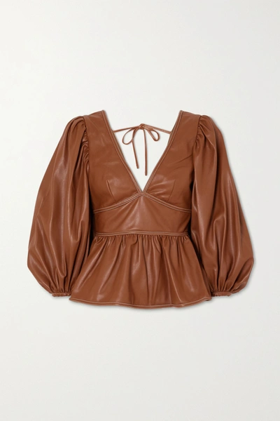 Shop Staud Luna Topstitched Faux Leather Peplum Top In Brown