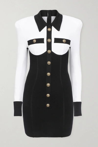 Shop Balmain Button-embellished Two-tone Stretch-knit Mini Dress In Black