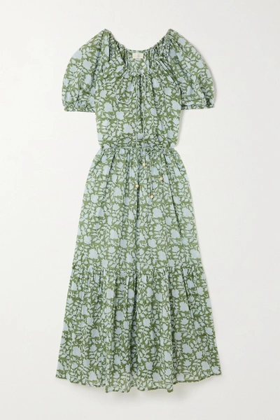 Shop Hannah Artwear + Net Sustain Lotus Belted Tiered Printed Cotton Maxi Dress In Green
