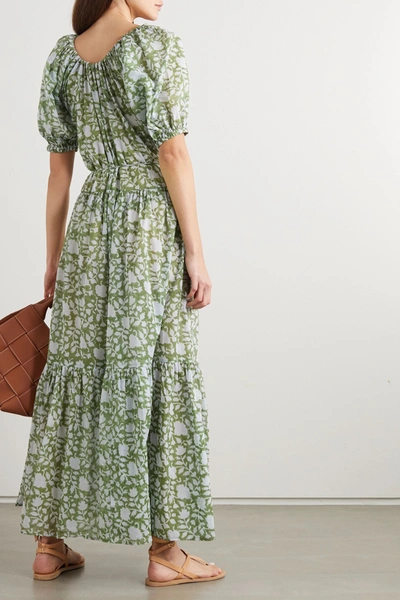 Shop Hannah Artwear + Net Sustain Lotus Belted Tiered Printed Cotton Maxi Dress In Green