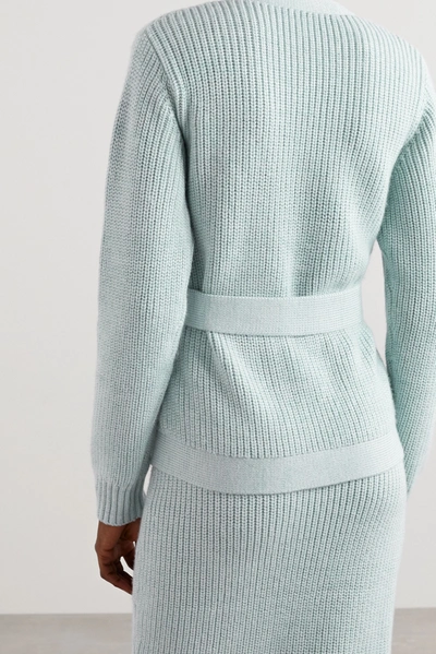 Shop Adam Lippes Belted Ribbed Wool, Silk And Cashmere-blend Cardigan In Sky Blue