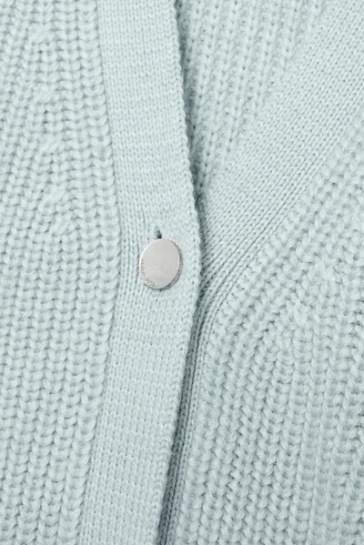 Shop Adam Lippes Belted Ribbed Wool, Silk And Cashmere-blend Cardigan In Sky Blue
