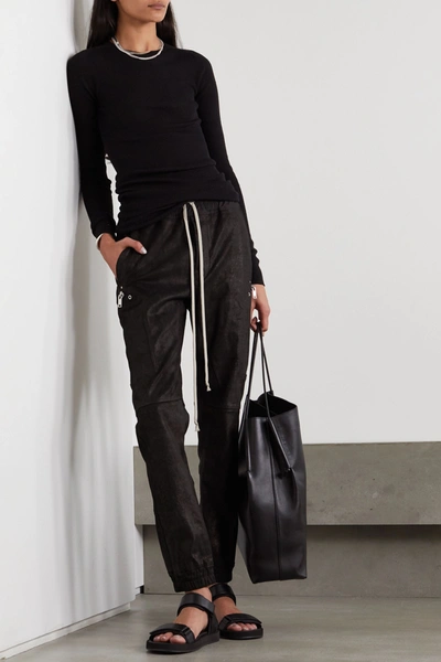 Shop Rick Owens Stretch-leather And Cotton-blend Track Pants In Black