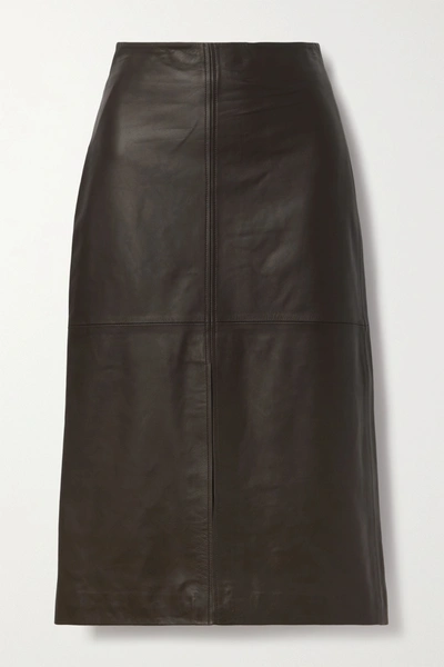 Shop Co Leather Midi Skirt In Dark Brown