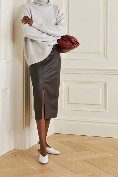 Shop Co Leather Midi Skirt In Dark Brown
