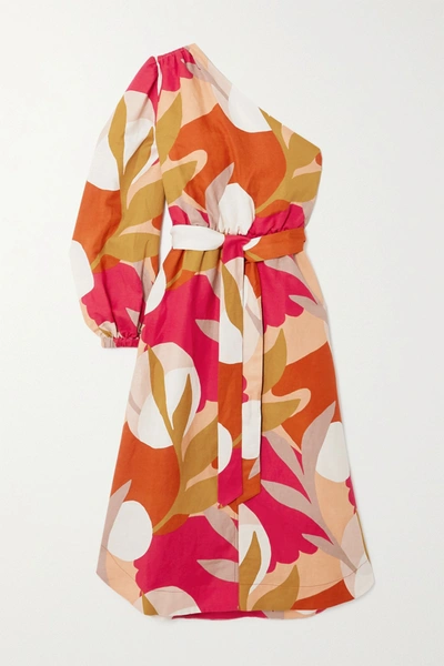 Shop Rebecca Vallance Sangria One-sleeve Belted Printed Linen-blend Midi Dress In Mustard