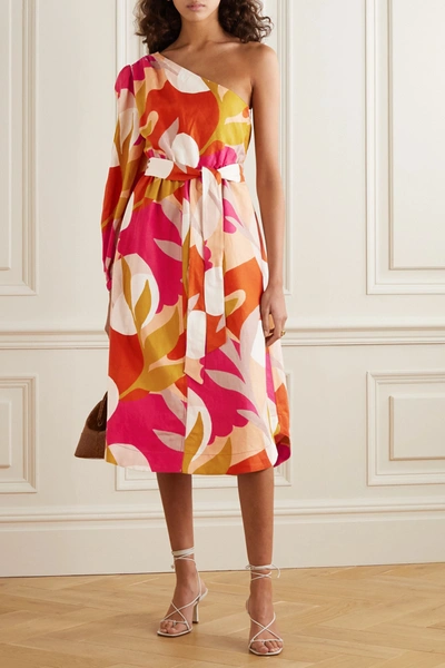 Shop Rebecca Vallance Sangria One-sleeve Belted Printed Linen-blend Midi Dress In Mustard