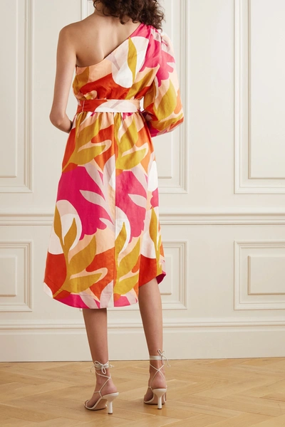 Shop Rebecca Vallance Sangria One-sleeve Belted Printed Linen-blend Midi Dress In Mustard