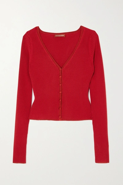 Shop Altuzarra Eva Ribbed Stretch-knit Cardigan In Red