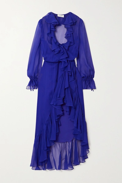 Shop Saint Laurent Ruffled Silk-chiffon Wrap Midi Dress In Blue