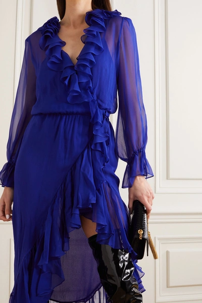 Shop Saint Laurent Ruffled Silk-chiffon Wrap Midi Dress In Blue