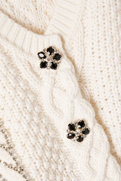 Shop Self-portrait Crystal-embellished Cable-knit Cotton And Wool-blend Cardigan In Ivory