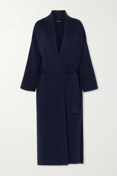 Shop Akris Belted Wool And Silk-blend Coat In Navy