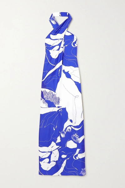 Shop Christopher Esber Printed Silk-twill Halterneck Maxi Dress In Blue