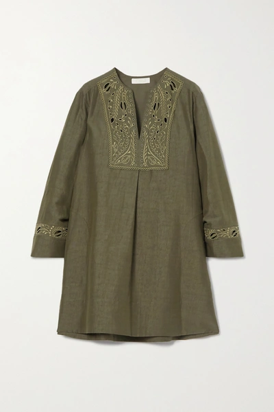 Shop Chloé Broderie Anglaise Linen And Cotton-blend Mini Dress In Green