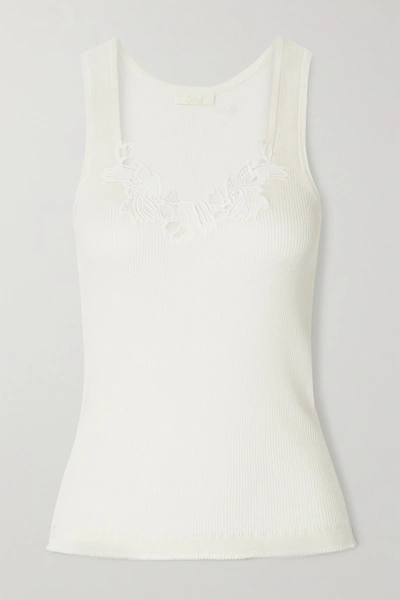 Shop Chloé Guipure Lace-trimmed Ribbed Cotton-jersey Tank In White