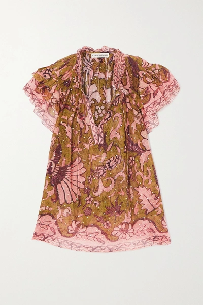 Shop Ulla Johnson Alexi Ruffled Floral-print Fil Coupé Silk-blend Blouse In Green