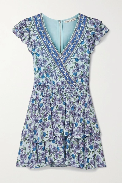 Shop Alice And Olivia Mariska Ruffled Floral-print Voile Playsuit In Blue