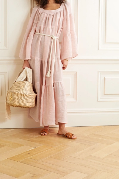 Shop Lisa Marie Fernandez Belted Tiered Linen-blend Gauze Maxi Dress In Baby Pink