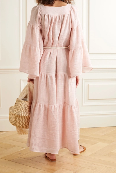 Shop Lisa Marie Fernandez Belted Tiered Linen-blend Gauze Maxi Dress In Baby Pink