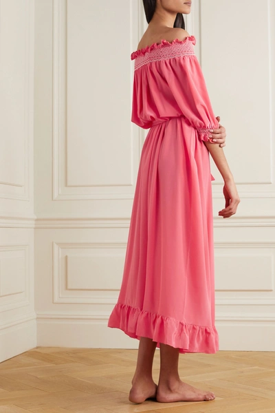 Shop Loretta Caponi Belted Smocked Silk Crepe De Chine Nightdress In Pink