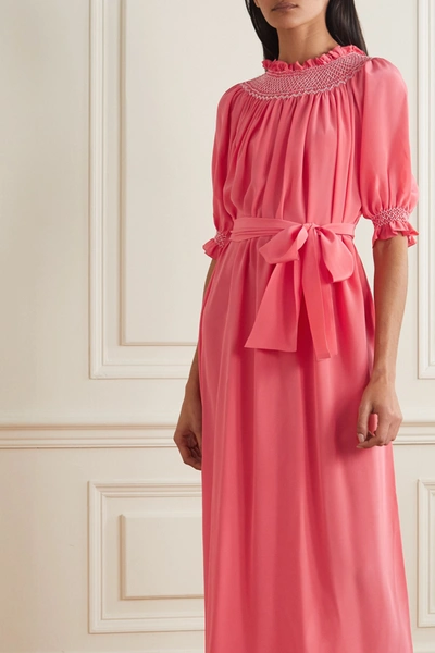Shop Loretta Caponi Belted Smocked Silk Crepe De Chine Nightdress In Pink
