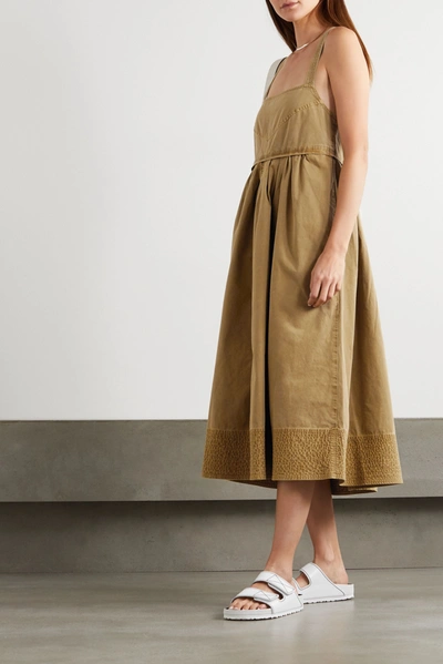 Shop Proenza Schouler White Label Tie-detailed Pleated Washed Cotton-canvas Midi Dress In Army Green