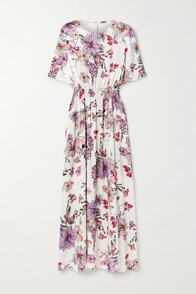 Shop Adam Lippes Shirred Floral-print Silk-satin Maxi Dress In White