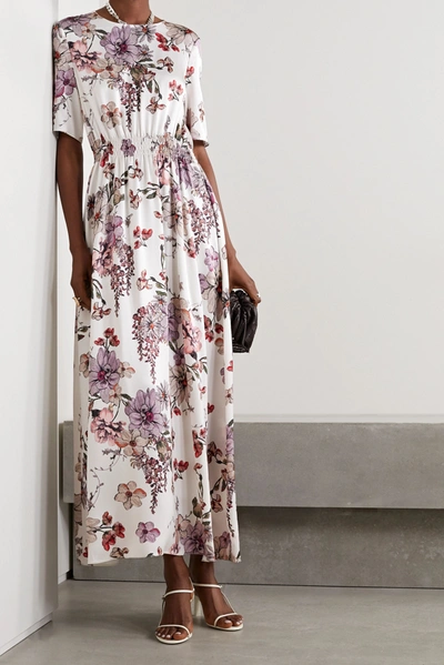 Shop Adam Lippes Shirred Floral-print Silk-satin Maxi Dress In White