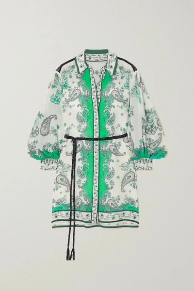 Shop Alice And Olivia Oralia Belted Paisley-print Cotton And Silk-blend Mini Dress In Green