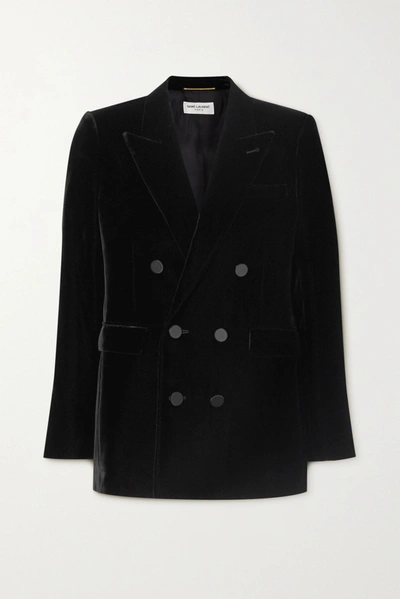 Shop Saint Laurent Double-breasted Velvet Blazer In Black