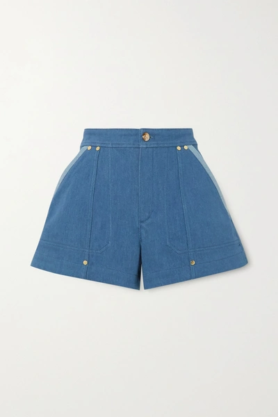 Shop Chloé Embellished Two-tone Denim Shorts In Blue