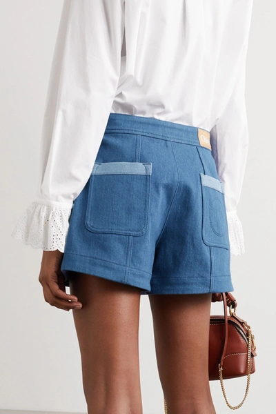 Shop Chloé Embellished Two-tone Denim Shorts In Blue