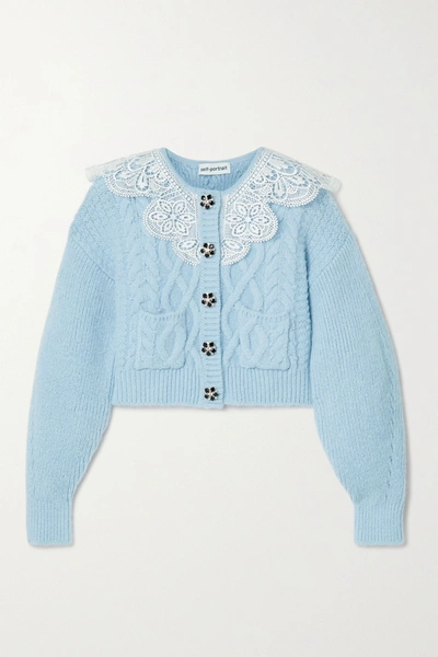 Self-portrait Cropped Lace-trimmed Crystal-embellished Cable-knit Cardigan  In Light Blue | ModeSens